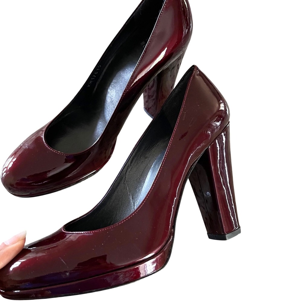 Stuart Weitzman Platform Pumps Wmns 7 M Burgundy Patent Leather Block Heel Spain